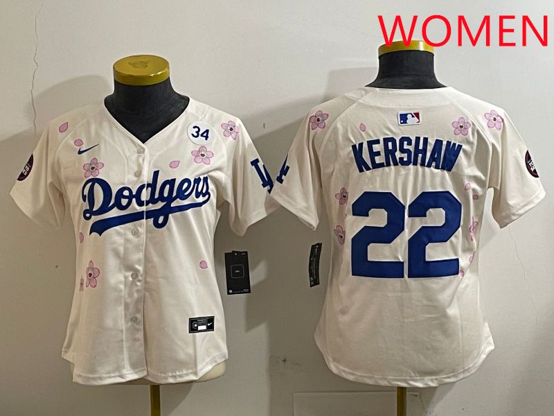 Women Los Angeles Dodgers #22 Kershaw Cream Sakura Edition 2025 Nike MLB Jersey style 8->women mlb jersey->Women Jersey